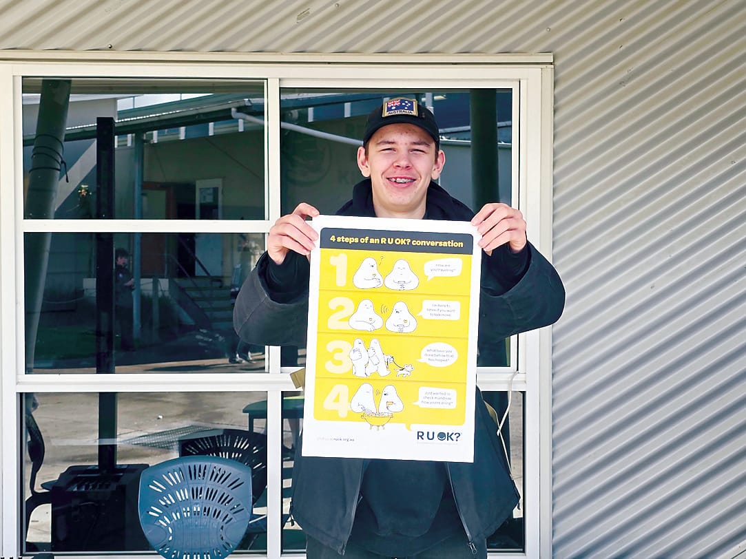 Noah Price from the year 10 Live 4 Life crew promoting the R U Ok conversations steps Ask R U Ok, listen, encourage action and check in.