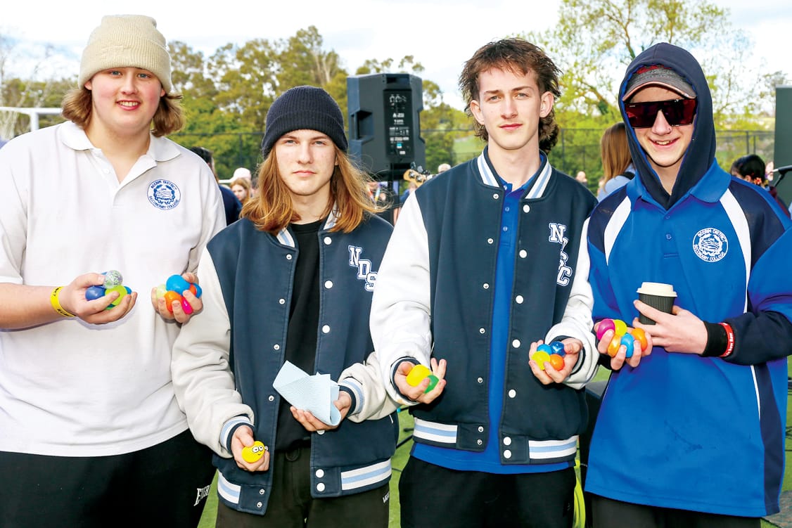 Nate Darcy, Angus Strating, Kayden Strickland and Tyler Hammond experiencing the relief from stress balls provided by Bendigo Bank.
