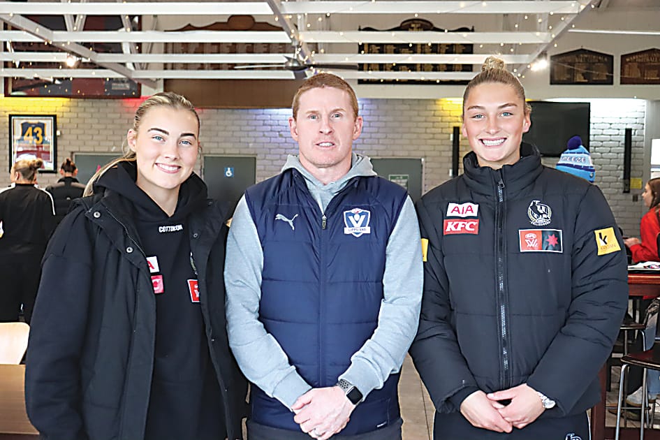 There was a healthy Gippsland contingent among the Collingwood AFLW players as Traralgon's Amber Schutte (left) and Sale's Ash Centra (right) join AFL Gippsland region manager Tim Cotter.