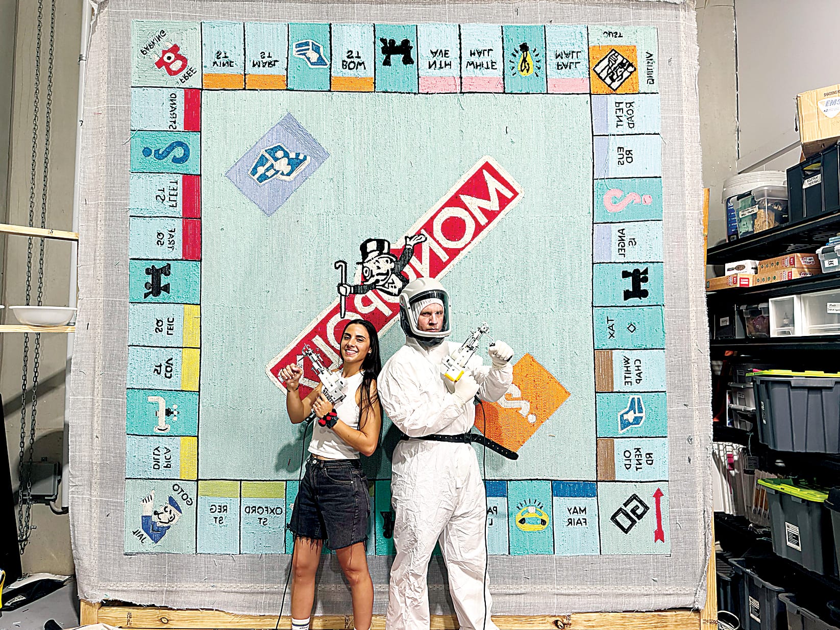 Giant Monopoly rug at home in library