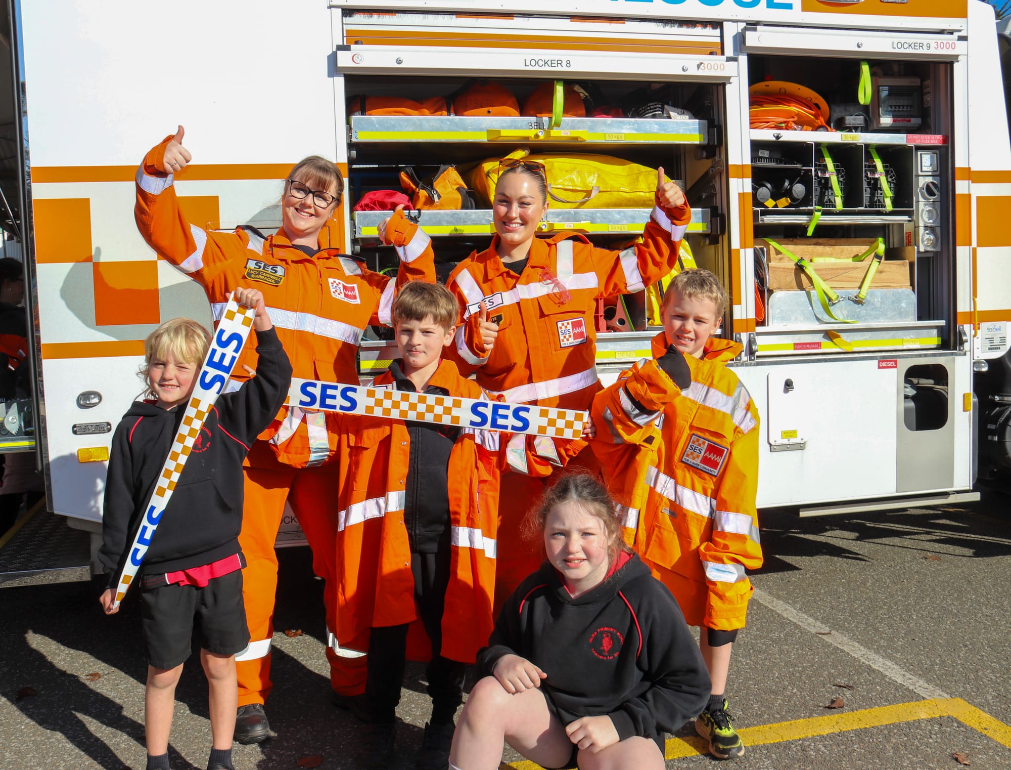 Nilma Primary School students gave a special shout-out to local emergency services workers on Wednesday for Thank a First Responder Day.Ty, Tye, Bobby and Violet were excited to meet and thank Warragul SES members Lucy Cardwell and Charlotte Brown. Photograph: BONNIE COLLINGSStory and photographs - p22