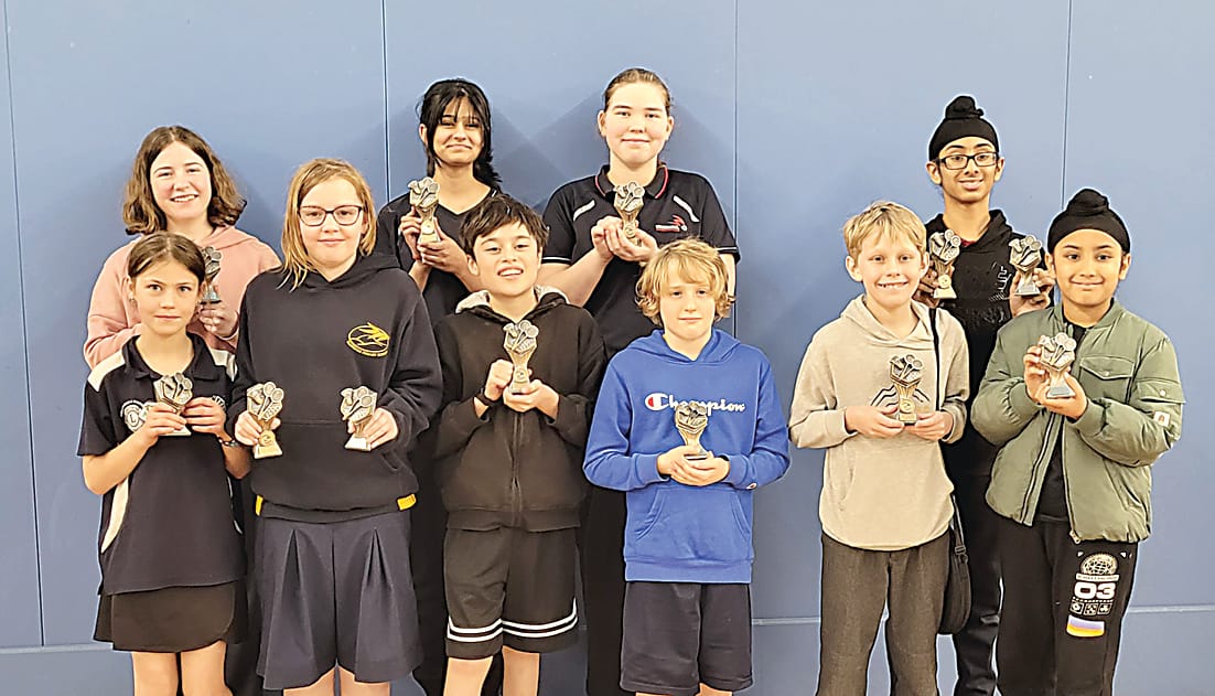 Right: The D grade competitors in the MGJBA closed doubles were (back, from left) Amelie Williams, Arianna Khau, Brianna Dixon, Amrit Bal, (front, from left) Darcee Addison, Camille Hanley, Arthur Spain, Riley Dawson, Christian Kirsten and Naunihal Bal.