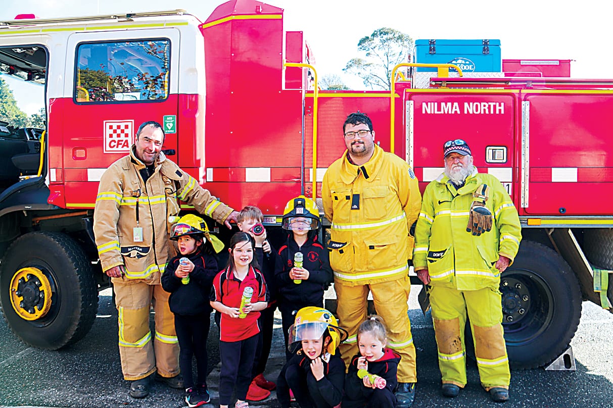 Donning their protective helmets, Bella, Ethan, Holly, Maddie, Taylah and Ruby joined Nilma North CFA members Jamie Magyar, Ethan Norbury and Russell Dempsey.