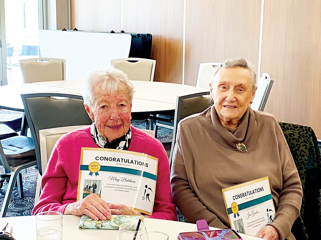 May Baldwin and June Gnaden were awarded for their skilled play at carpet bowls.