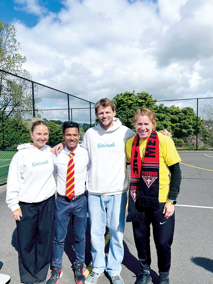 Key figures at the NDSC Wellbeing Expo are (from left) Mia Scala from Liminal Wellbeing, student wellbeing officer Josh Hasan, Will Hams (founder of Liminal Wellbeing) and student wellbeing co-ordinator Chris Hobbs.
