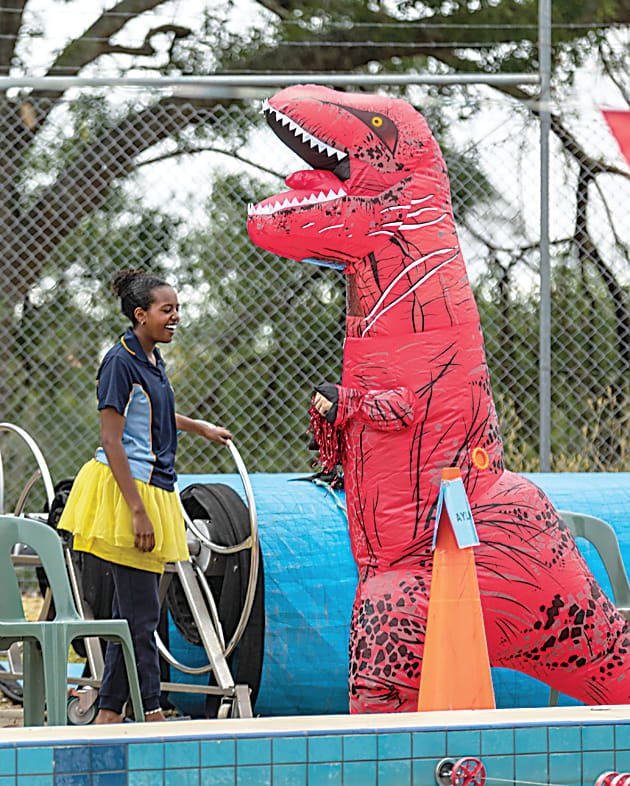 Chairo year nine student Abigail Patchett had a close encounter with the Elliot house mascot at the senior school swimming carnival.