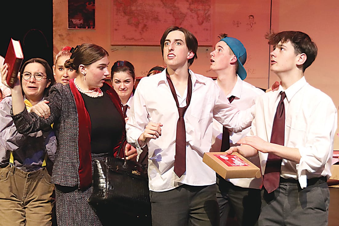 Left: Acting in a dramatic classroom scene are George Pergl-Tormai, Chloe Sutton, Alice den Houting, Jenna Mason, Harry Gargan, Henry Bruce and Kaelan Lowe.Right: Amon Calabro as Oedipus in an ancient Greece scene.