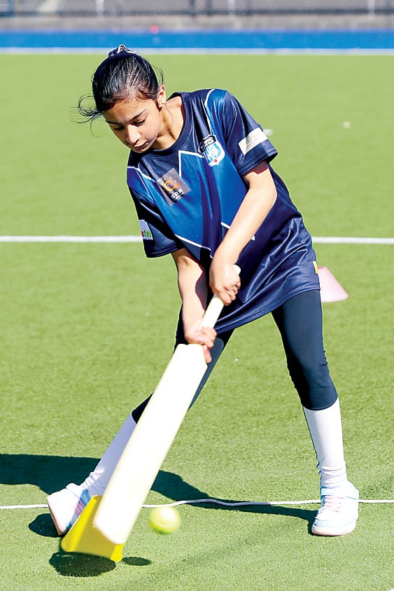 Ten-year-old Japji Sandhu gets bat to ball at Bellbird Park.