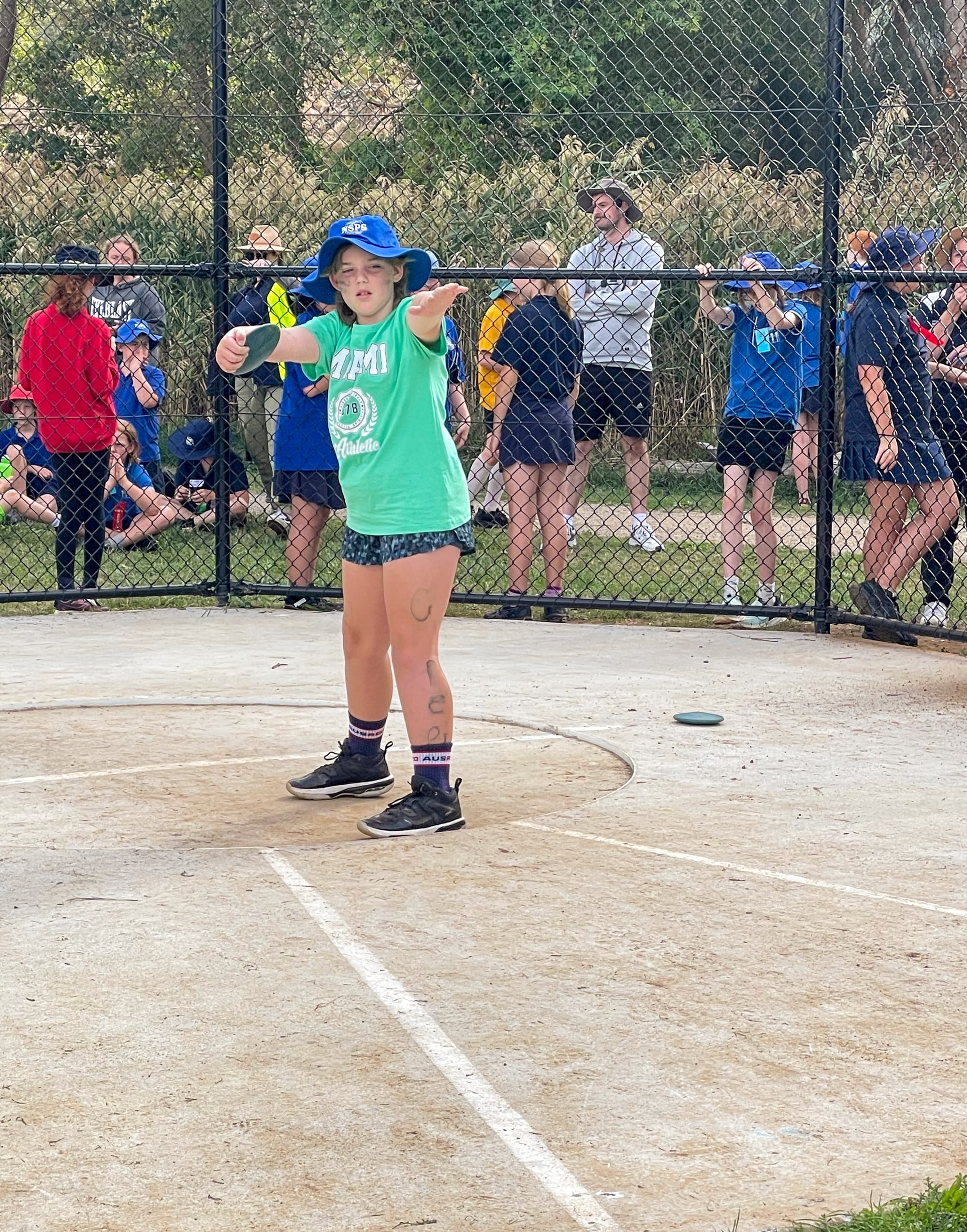 Ahri from Neerim South Primary School prepares to swing into her discus throw.