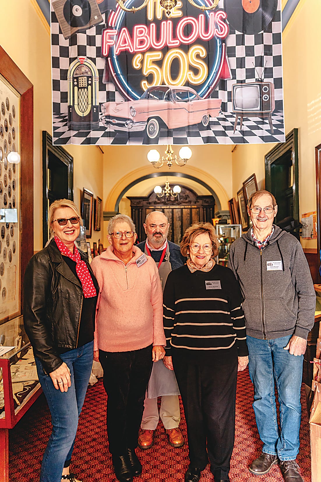 Warragul and District Historical Society committee member Di Harrison, Helen Valena, president Wayne Hardie, Helen Wallace and Colin Silcock. at the Fabulous Fifties exhibition.