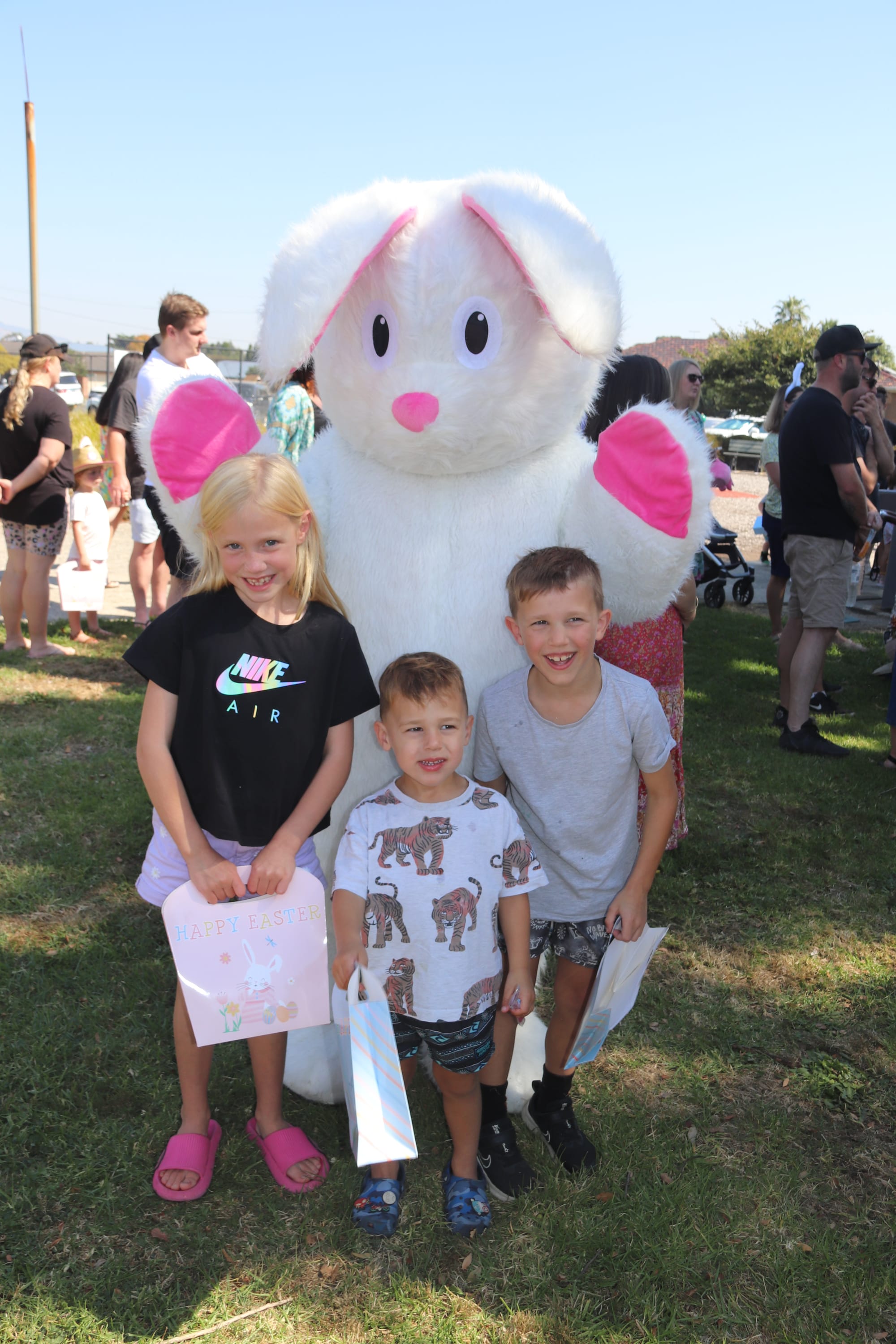 Getting some secret tips from Easter Bunny ahead of the  Easter Egg hunt at Yarragon on Good Friday are cousins Macy Lappin and Patrick and Harry Zahra.