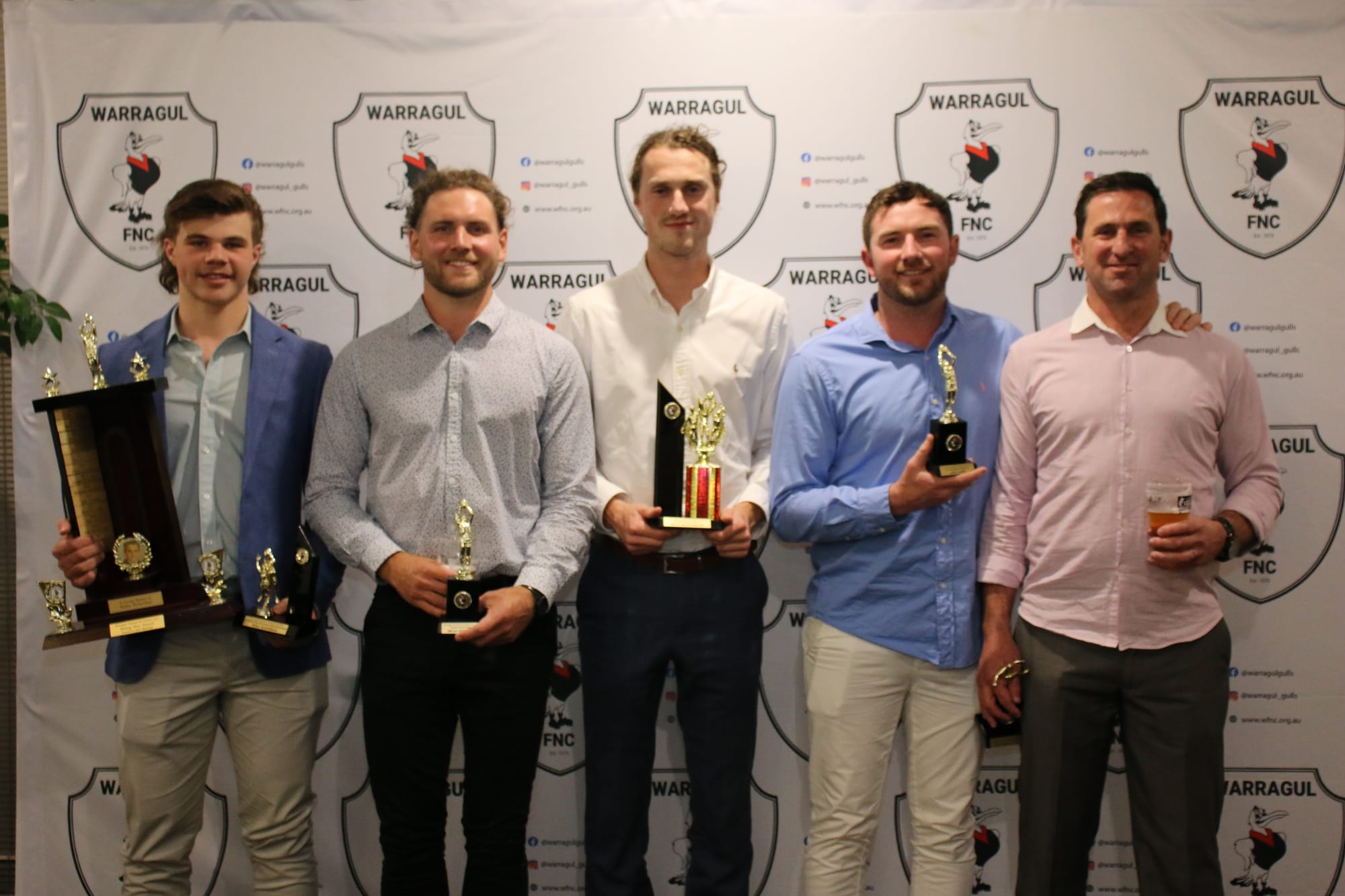 Senior football team award winners (from left) rising star Will Hatfield, best utility Brad Hefford, best and fairest Sean Masterson, most consistent and leading goalkicker Jed Lamb and coach Dean Alger. Absent: runner-up best and fairest Nick Graham, most determined Nick Mulqueen and best team person Mitchell Smart.