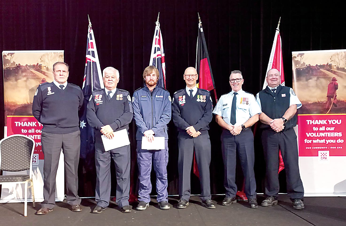 Drouin West Fire Brigade members (from left) Kevin Armstrong, Bruce Jewell, Andrew Carnegie, Graeme Higgs, Tony Pinelli and Rob Wills.  Gary Cheesman also received an NEM but was an apology.