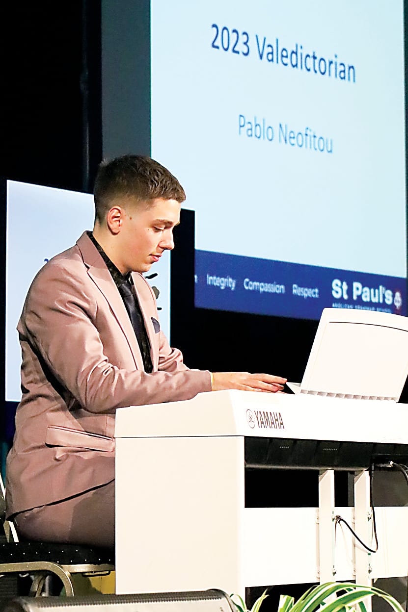 St Paul's valedictorian Pablo Neofitou performs a mesmerising piano performance during the dinner at Lardner Park.