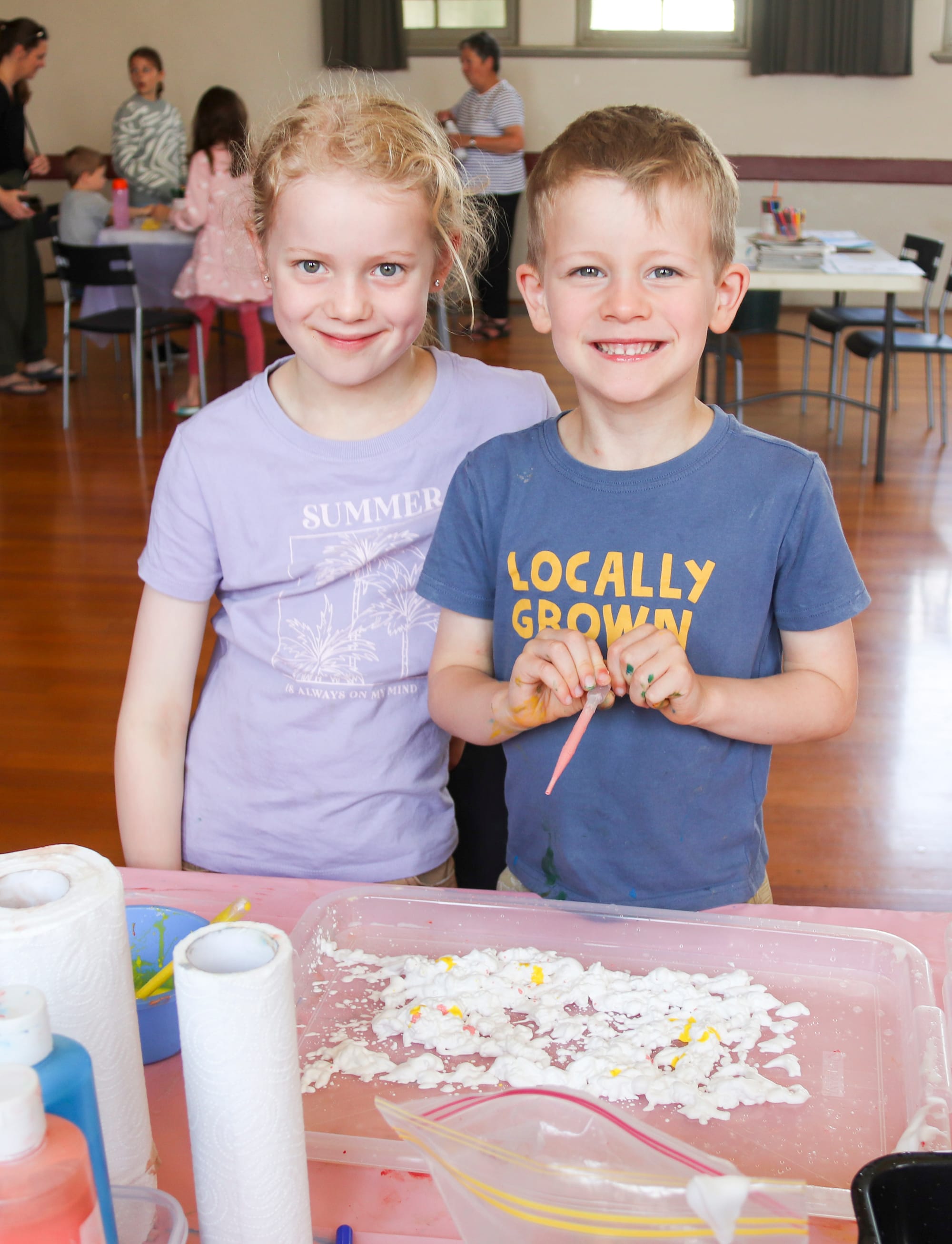 Kaitlyn and Campbell Witt created interesting pictures at the coloured shaving foam station.