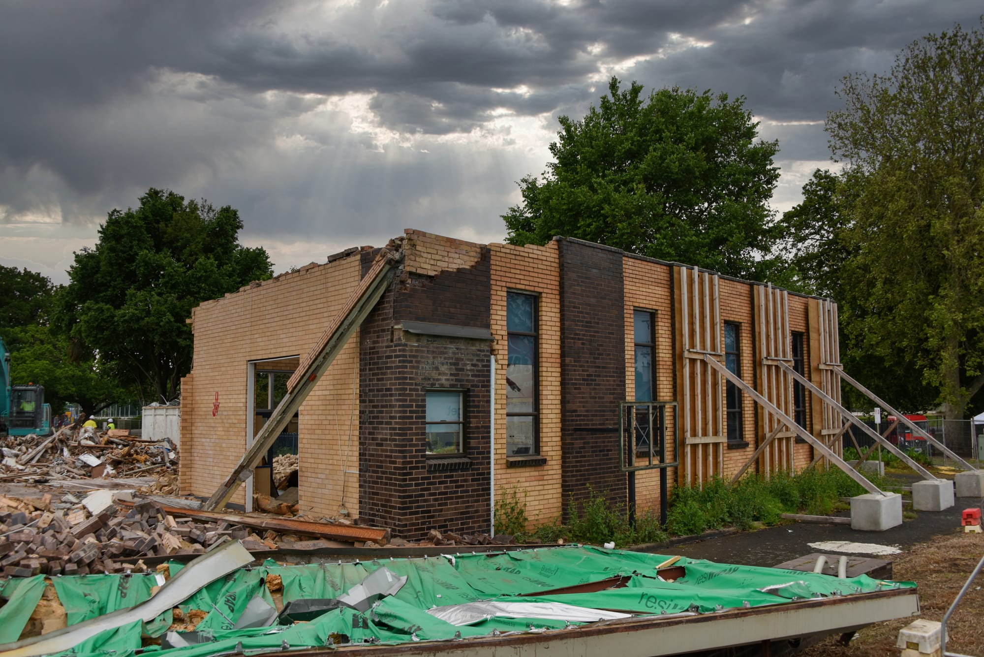 The playgroup room - previously the supper room - at the front of the hall was the last section to fall on Friday. The bracing, added late last year to stop the corner wall collapsing, remained until the end.  Top photographs: CRAIG JOHNSON