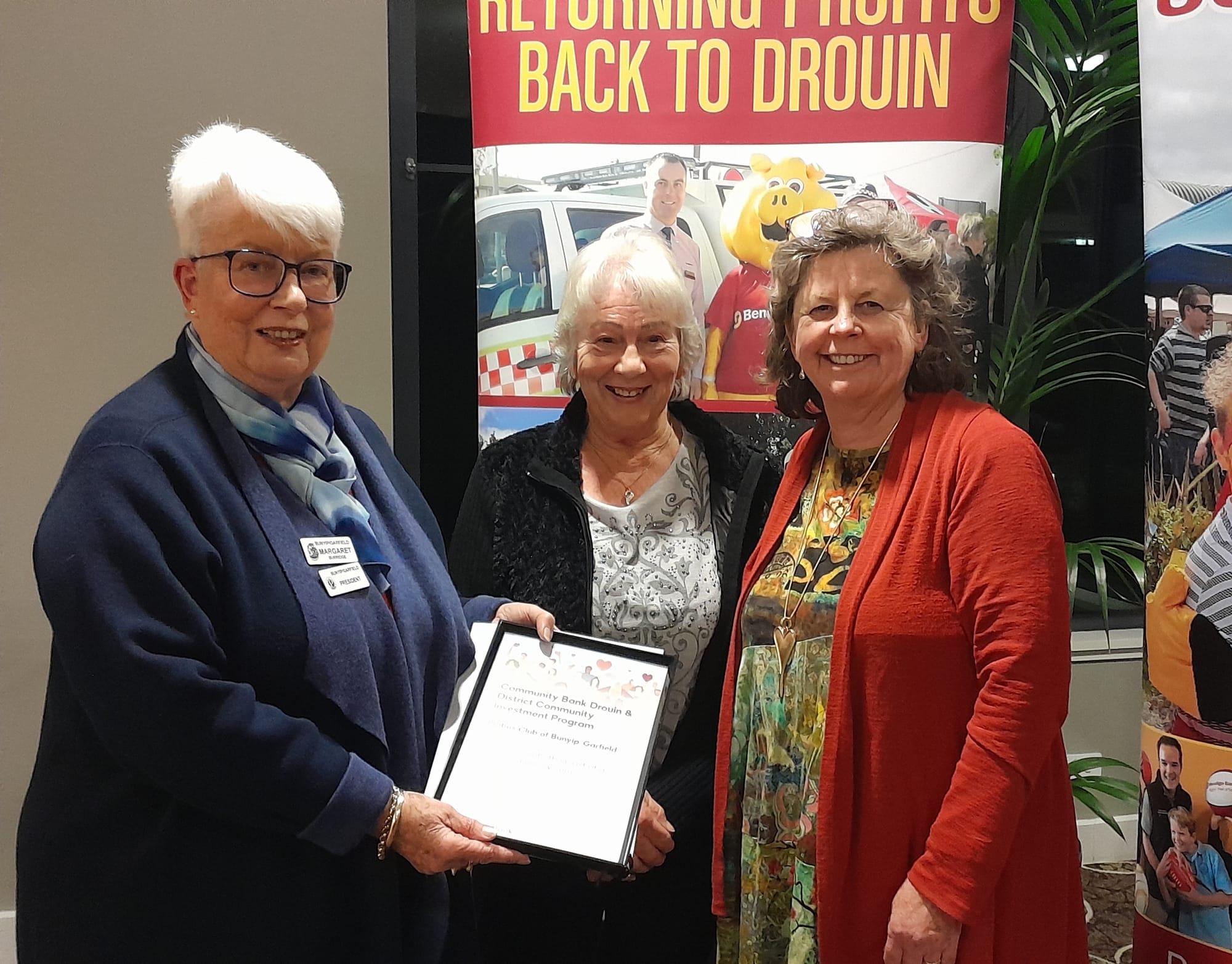 Bunyip-Garfield Probus Club's Margaret Burridge and June Meehl with treasurer Helen Taylor.