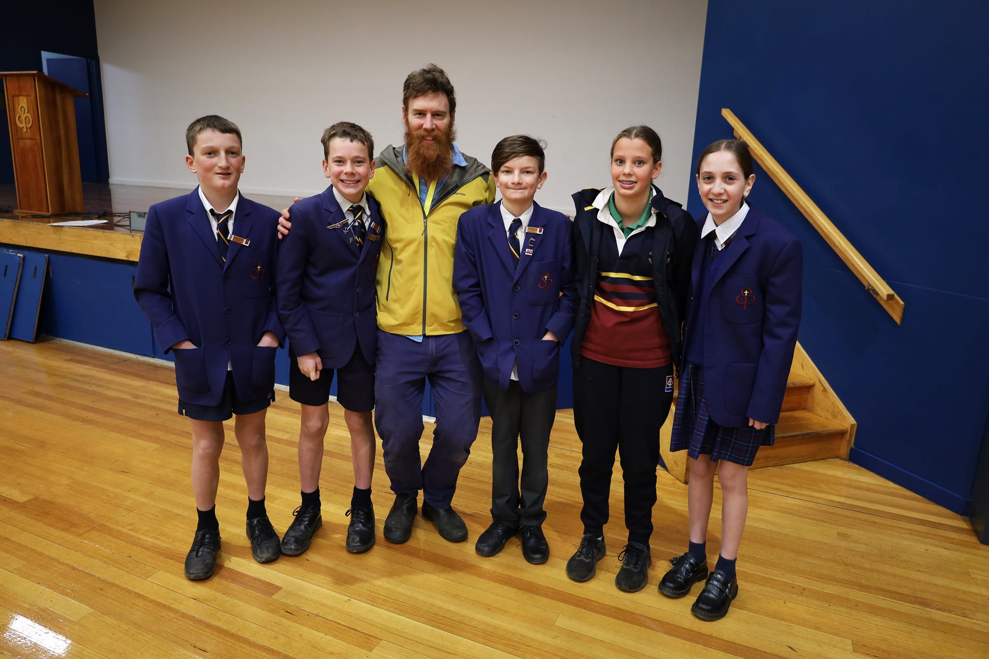Beau Miles with year sux students at the secondary school Benjamin Jarvis, Fraser Leighton, Felix Kooloos, Eve Jones and Nikala Hortis.