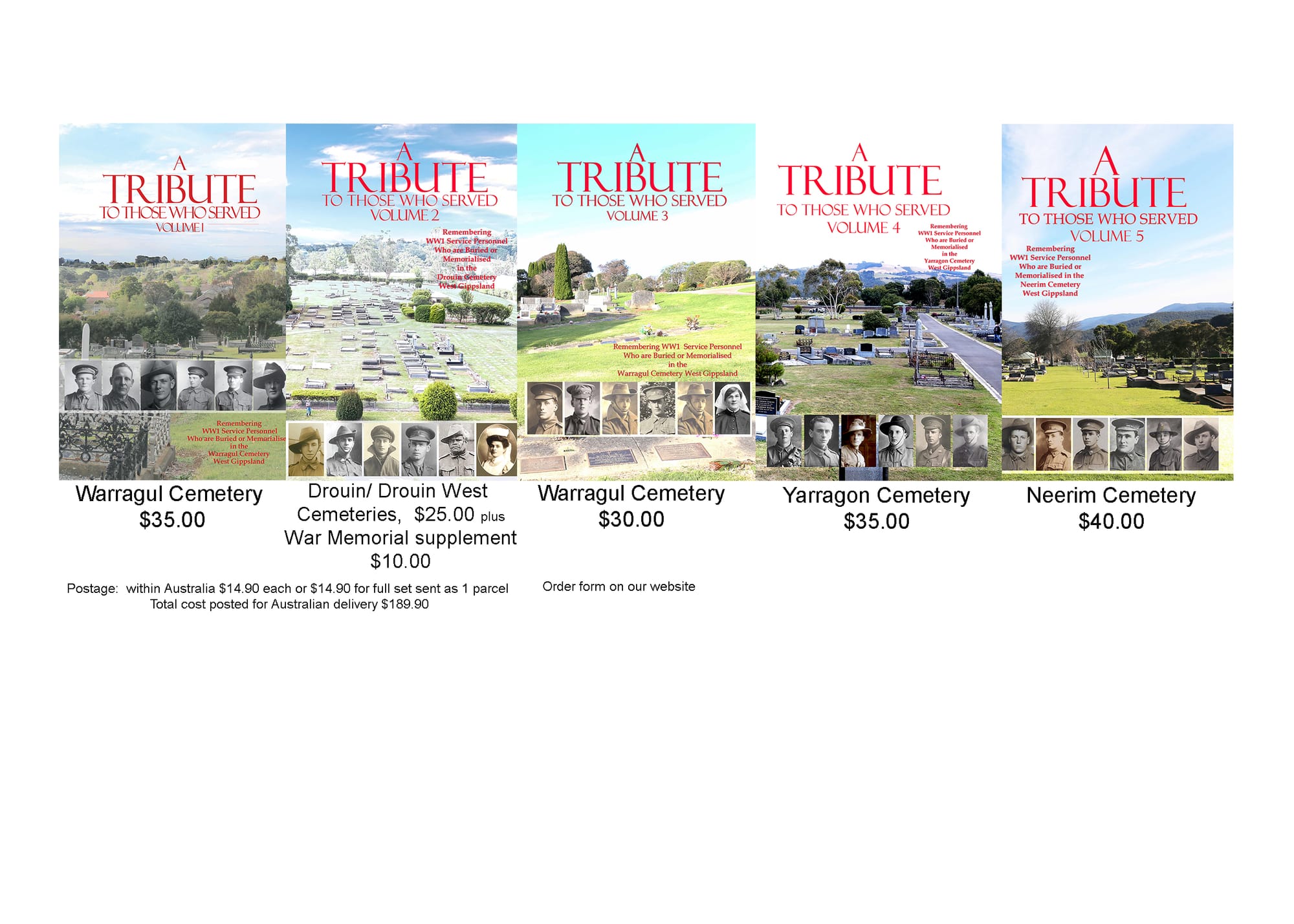 The five books produced by West Gippsland Genealogy Society that comprise the set 