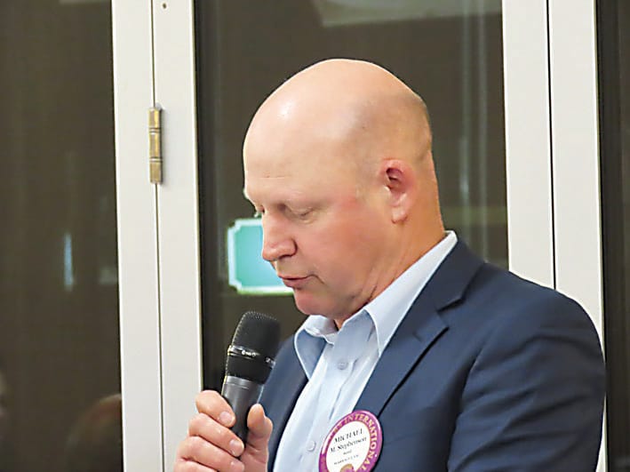 Above: Junior public speaking competition chairman Michael Stephenson.Left: Competition winners Sienna Mooney of Darnum Primary School and Ned Pugh of Warragul North Primary School proudly show off their awards.