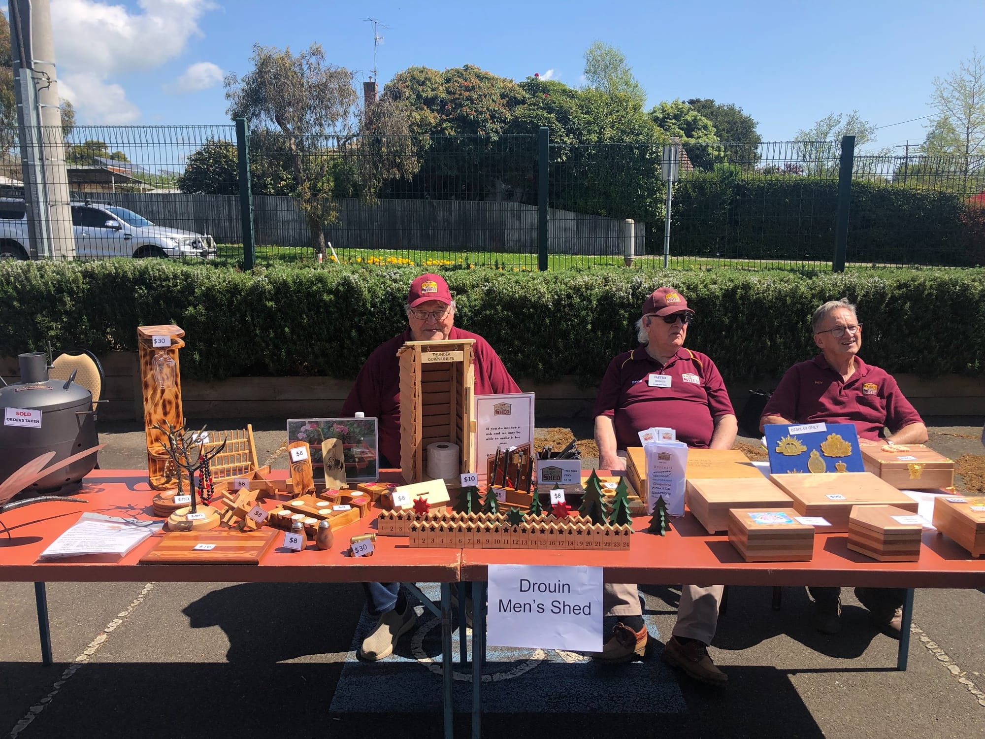 Members of the Drouin Men's Shed set up a stall for the big day.
