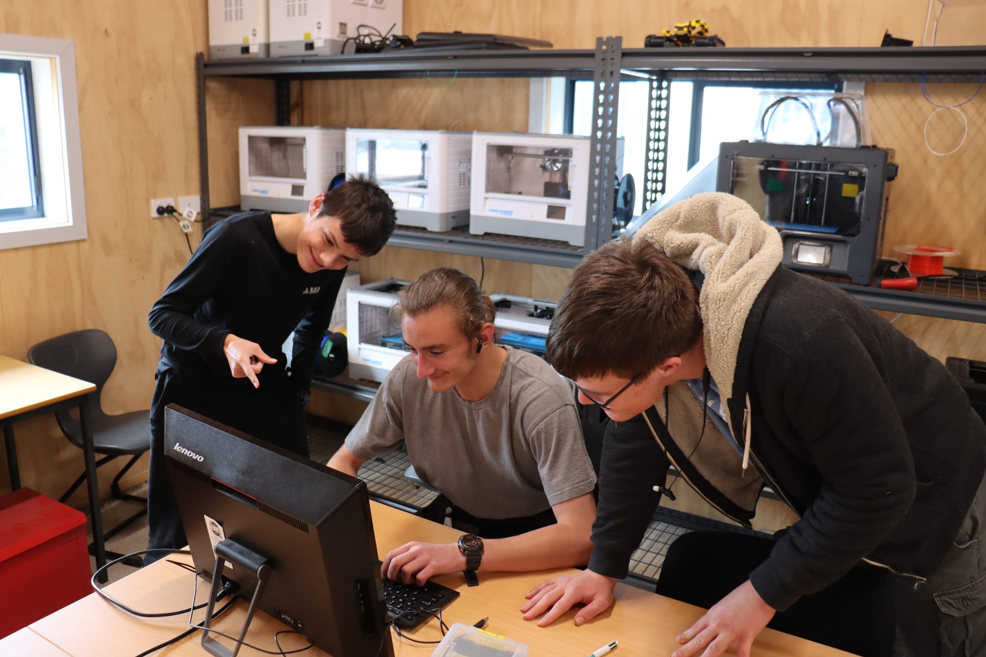 Zane Solly (Drouin Secondary College), Samuel Brown (Chairo Christian College) and Cameron Eades (Neerim South Regional College) checking out what awaits them as part of their integrated technology studies next year.