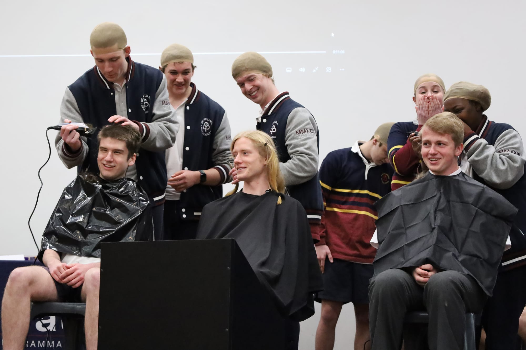 Losing the locks for a good cause are Eamon Simcocks, Jackson Wakefield and Asher Norlyng.