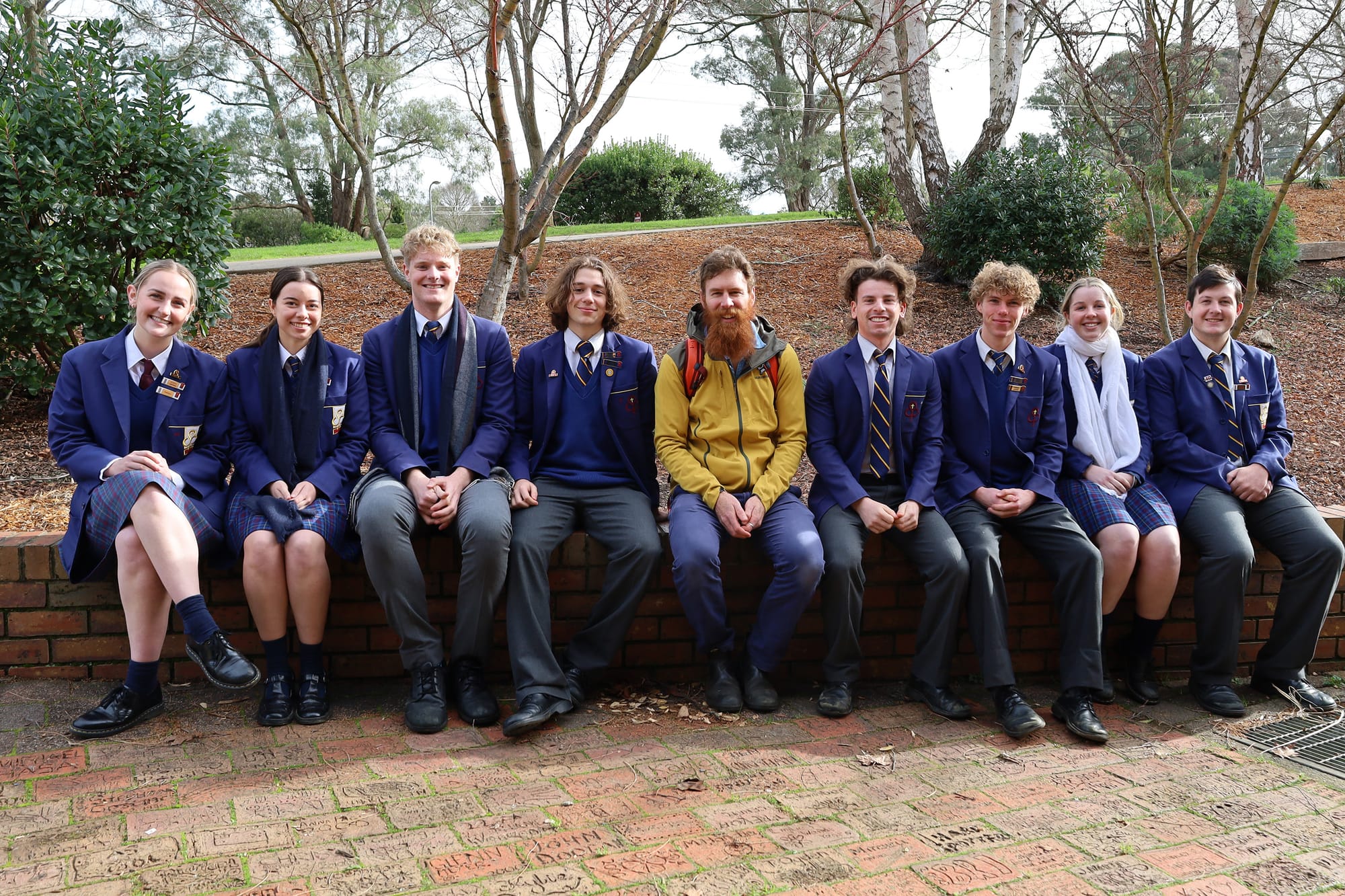 Year 12 students with Beau Miles: Alannah Rogalsky, Sharni Boote, Charlie Jaques, Pablo Neofitou, Dylan Sotiropoulos, Samuel Williamson, Elsie Steenholdt and Sterling Holman after Beau Miles presentation.