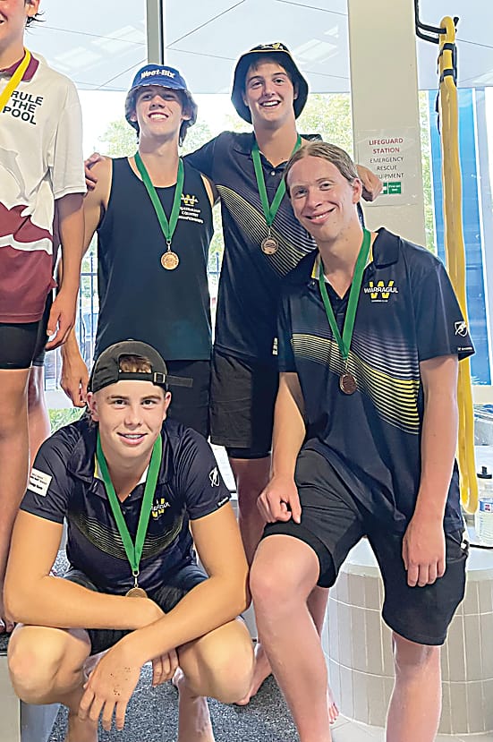 Boys 16 and under 200m medley relay bronze medalists are (from left) Aidan Pendlebury, Kane Reynolds, Will Upston and Will Blackwood.