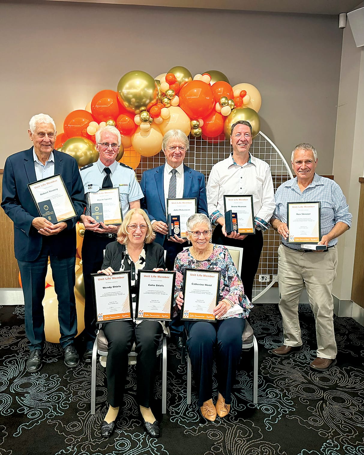 Warragul SES Unit life member receipients announced during the unit's 50th anniversary celebrations are (back) Rob Vermay, David Sparks, John McLennan, Shane Hewson, Rex Skinner (front) Wendy Shiels and Cath Wood.