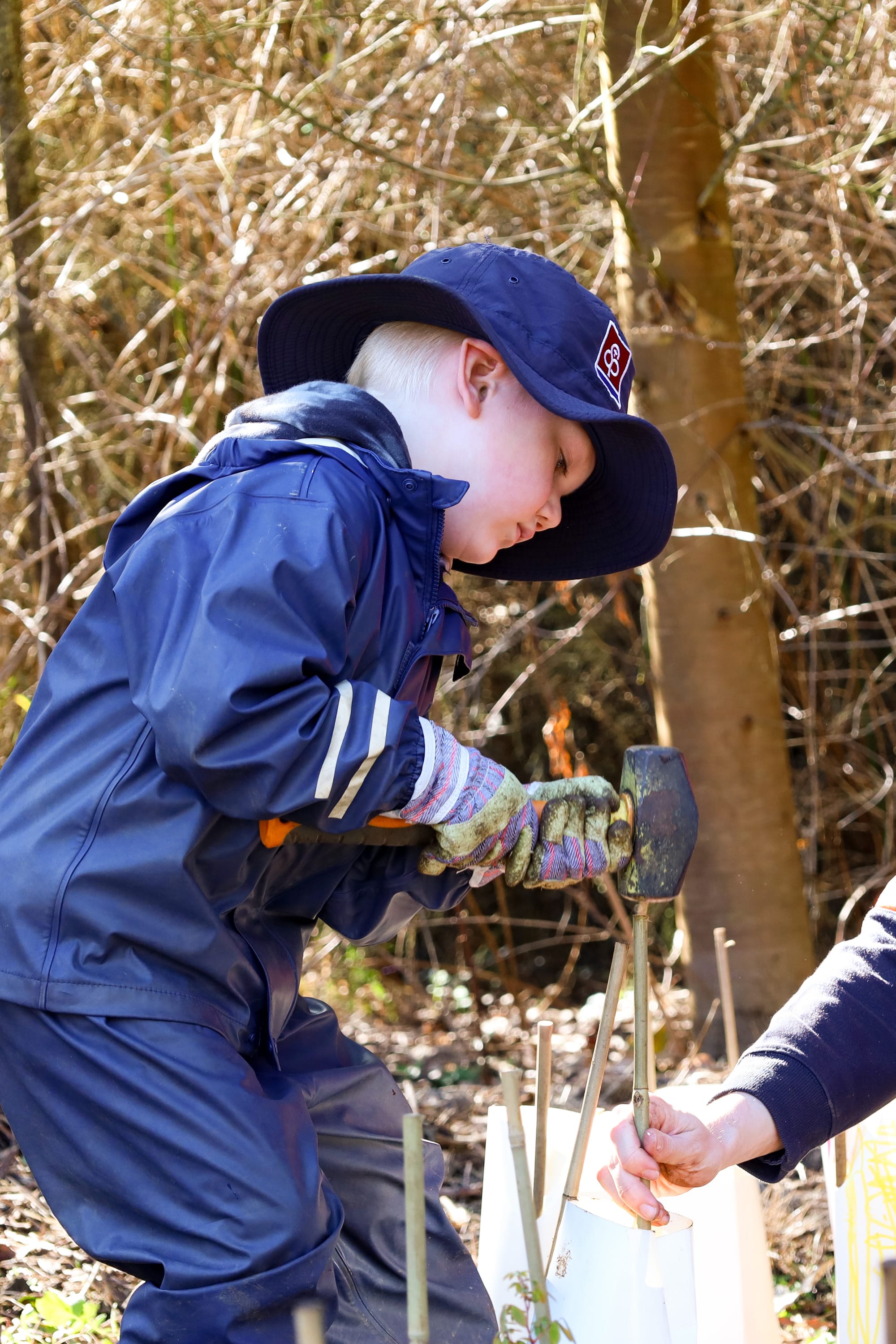 Fredrick hammers in a stake.