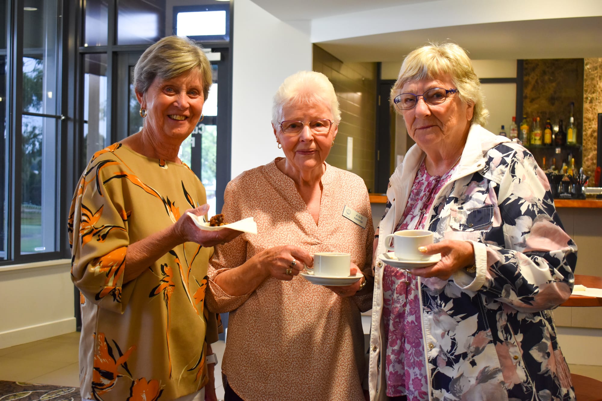 Enjoying a cup of tea and some cake are Dagmar Forbes, Ann Harper and Bev Butterworth.