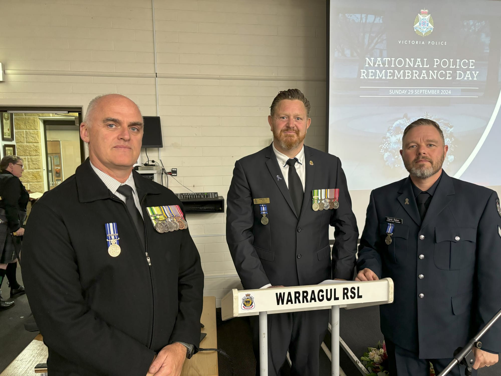 Keynote speaker detective senior sergeant Rod Findlay with Warragul RSL president senior sergeant Ben Vahland and senior constable Dave Baker.