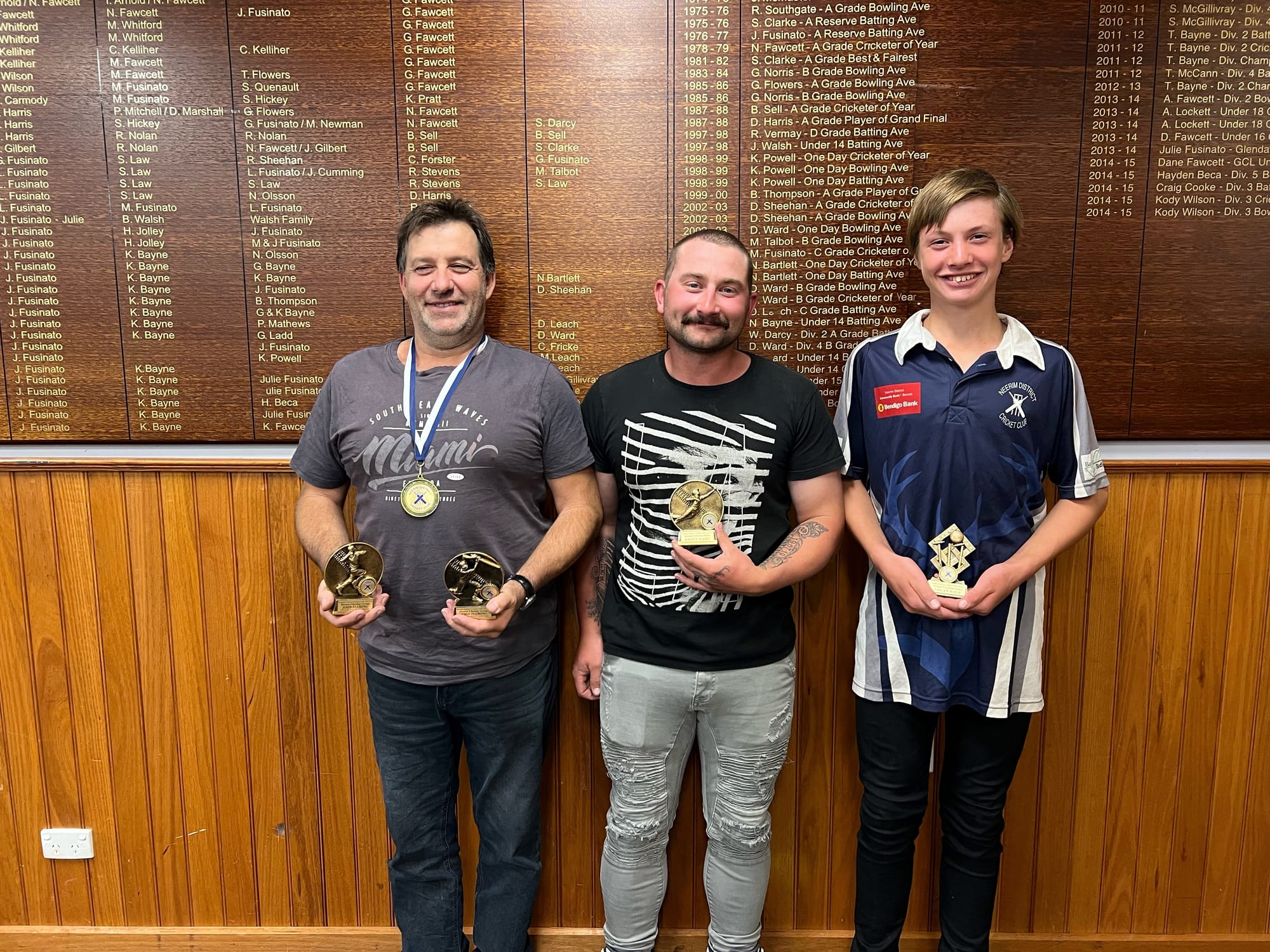 In division five the Neerim Cricket Club's award winners were best and fairest, bowling average and batting average John Fleming, fielding award Bailey Ward and captain award Logan Naus.
