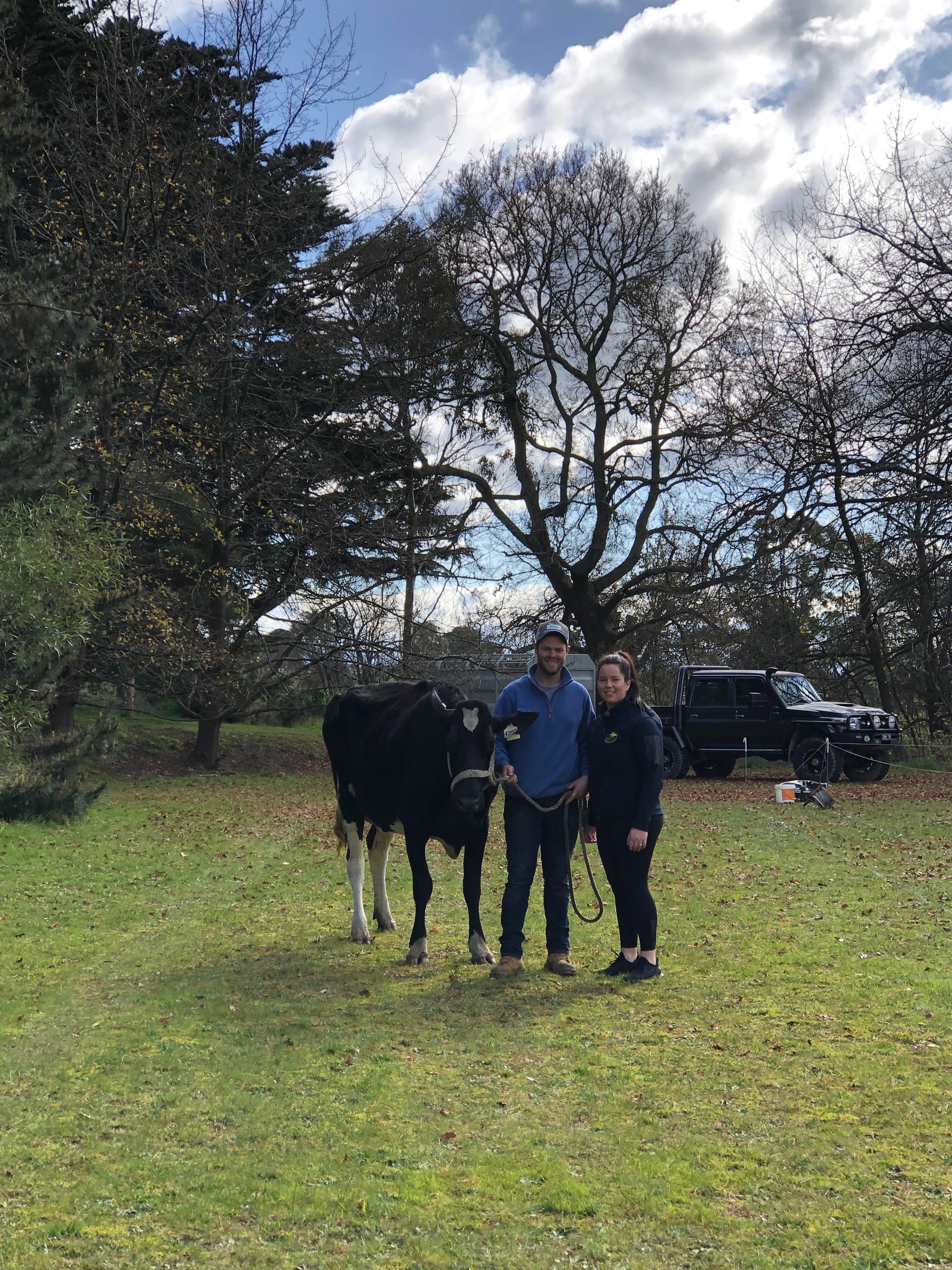 Tom and Kim Kent, teacher, with their cow Missy.