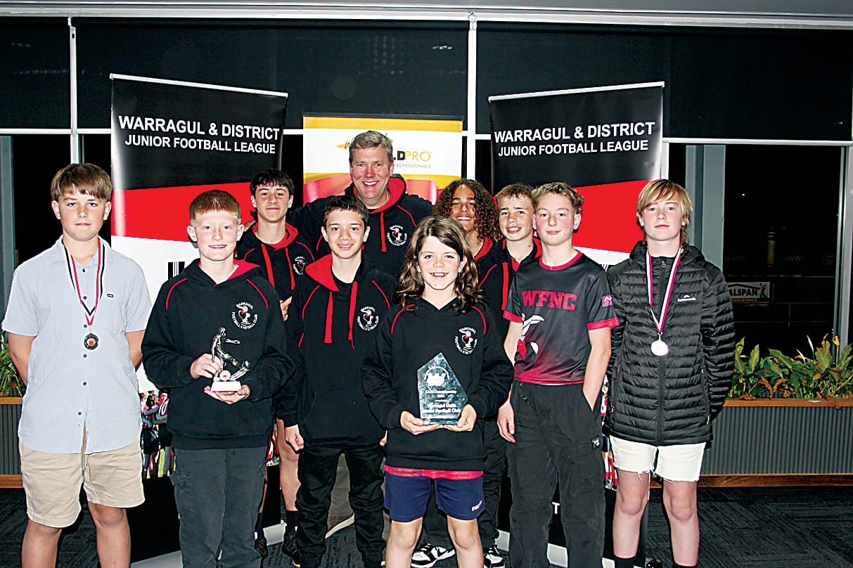 Coby Murnane, Isaac Phillips, John Strating, Aden Tobin, Neil Ingram, Lenny Barake, Marlon Boi, Saxon Cook, Jude Vilcins and Jonty Lacunes accept Warragul's club championship award. 