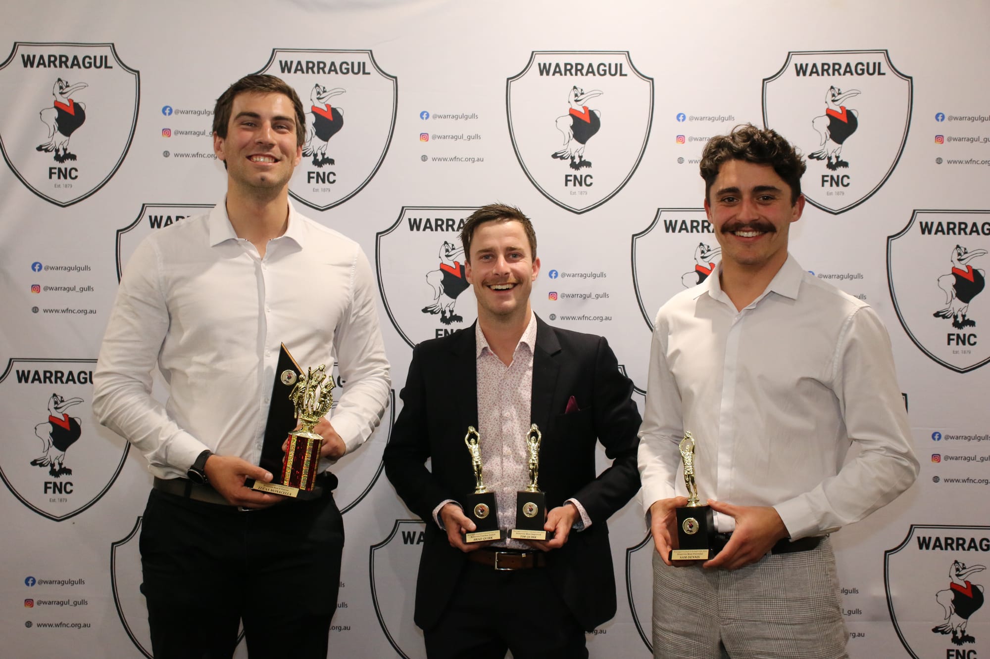 The reserves football award recipients (from left)  best and fairest Lucas Monacella, coaches award Bradley Quirk and most potential Sam Dennis. Absent: runner-up best and fairest Josh Dawson, most improved Tim Quirk and leading goalkicker Jamie Somers.