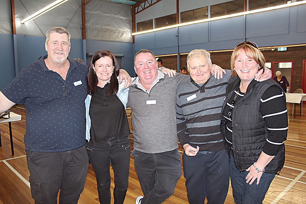 Past teammates David Harrison, Tracey Joyce, Mick Wardle, Paul Nielsen and Kerry Graham catching up at the reunion.