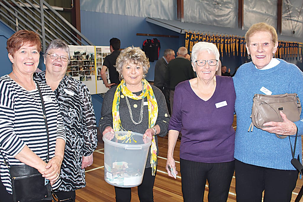 Past Warragul badminton players Ann Boyer, Lyn Weller, Sandra Walker, Elaine (Woody) Brew and Joan Hughes at the club function.