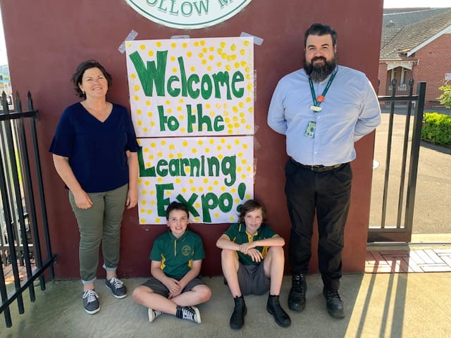 Advertising the learning expo are (from left) teacher Katie Balfour and the Yeomans family, Darcy, Ryleigh and dad, Danny.