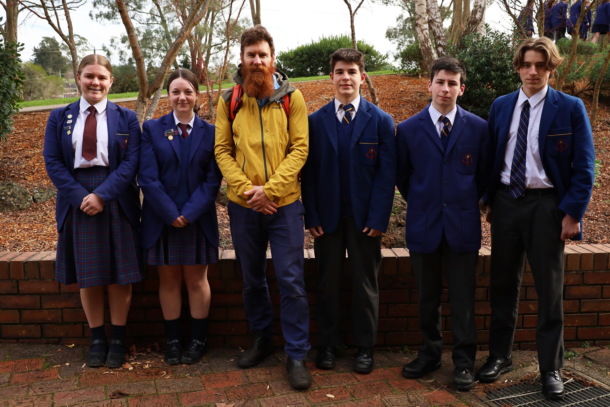 Beau Miles with year nine students Indianna Treble, Milla Wald, Daniel Hume, Cooper Williams and Ethan Brown.