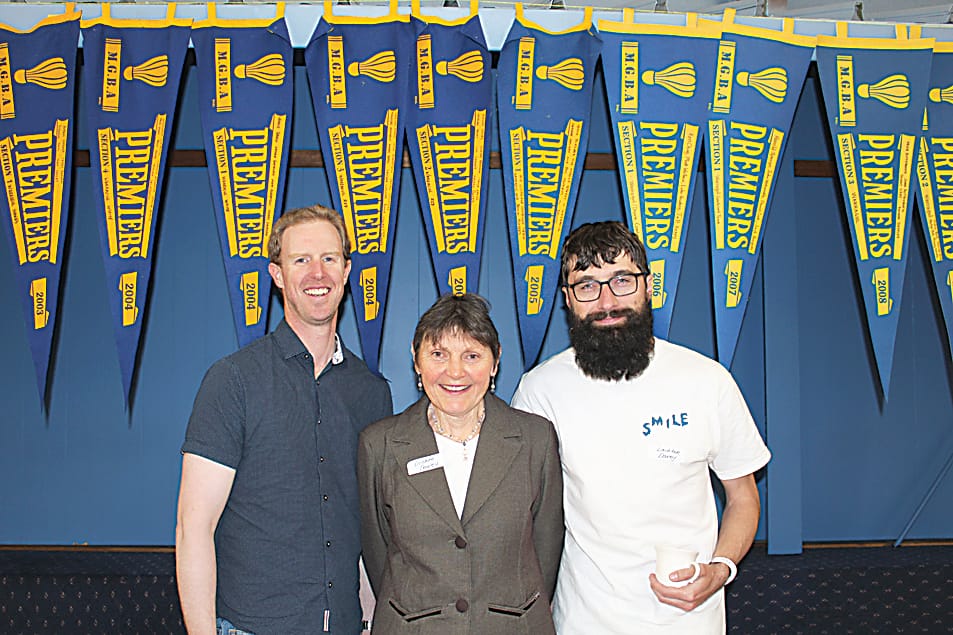 Current Warragul Badminton Club president Hayden Fowler awith current players and mother-son duo Dianne Davey and Lachlan Davey.