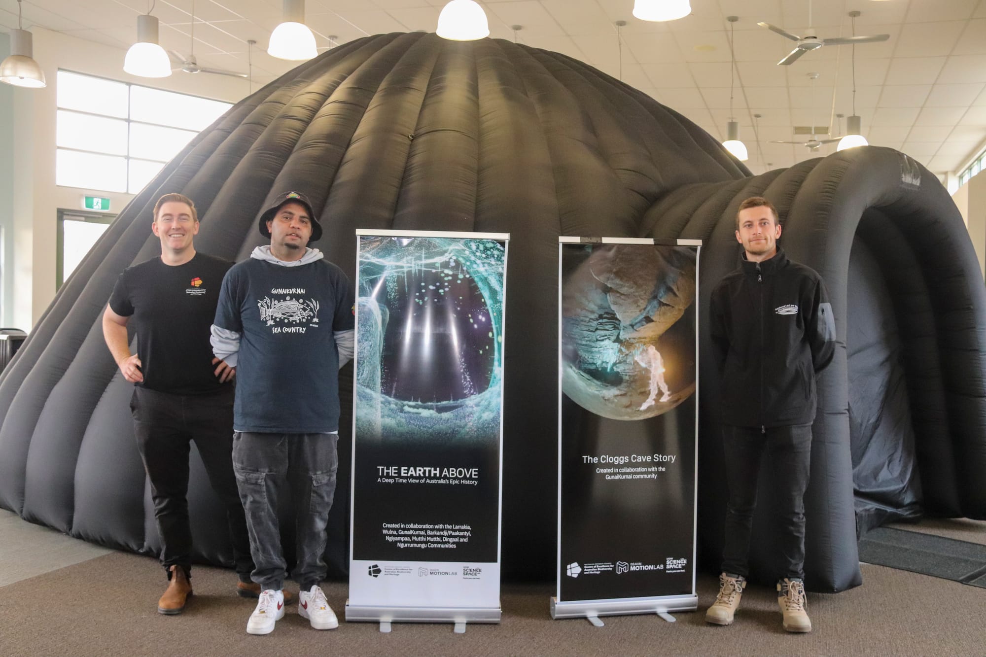 Helping to organise and present the planetarium experience at Warragul North Primary School are CABAH's Parker McLean, GLaWAC JM Ranger and Cultural Education Officer and Gunaikurnai cultural ranger Shay Terrick and GLaWAC's Harry McDonald.