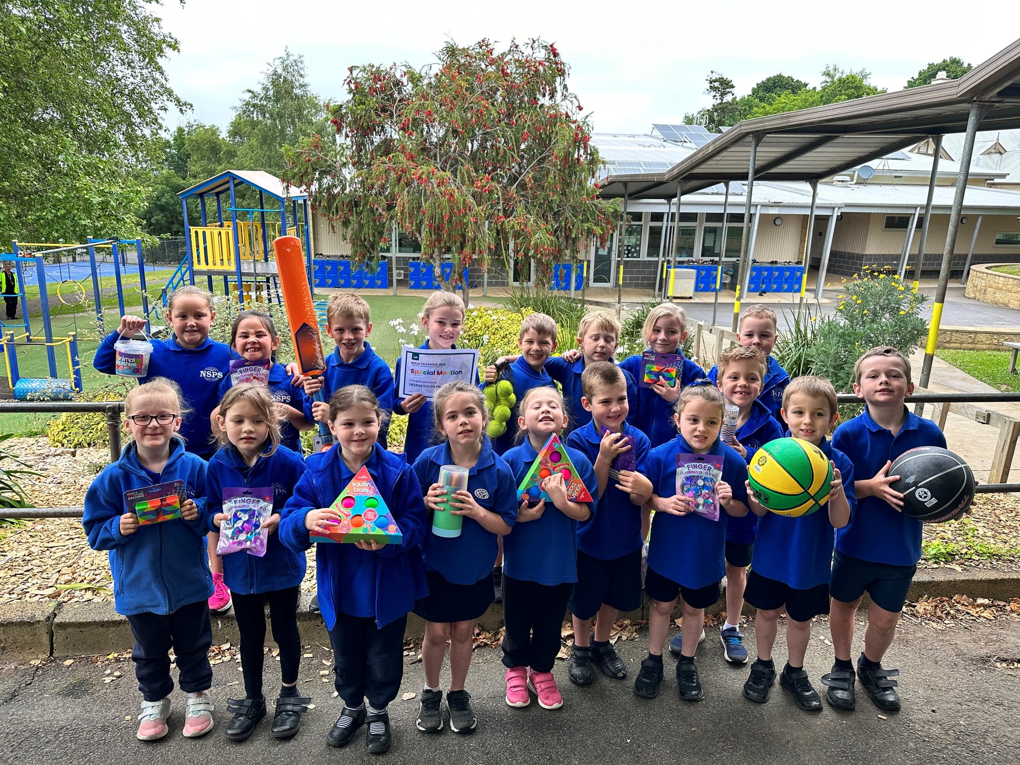 Celebrating Neerim South Primary School's special mention for Walk to School Week are (back, from left) Koah Jeffrey, Arielle Saye, Nate Russell, Ella James, Michael Galenkov, Markus Hoyling, Dakota Morrow, Cody Penington, (front, from left) Amelia Zalavary, Winnie Yates, Emmi Green, Zarrah Scanlon-Halligan, Calisa Galenkov, Mason Dunn, Ava Ayres, Henry Webb, Joel Ayres and Jayden Gleeson.