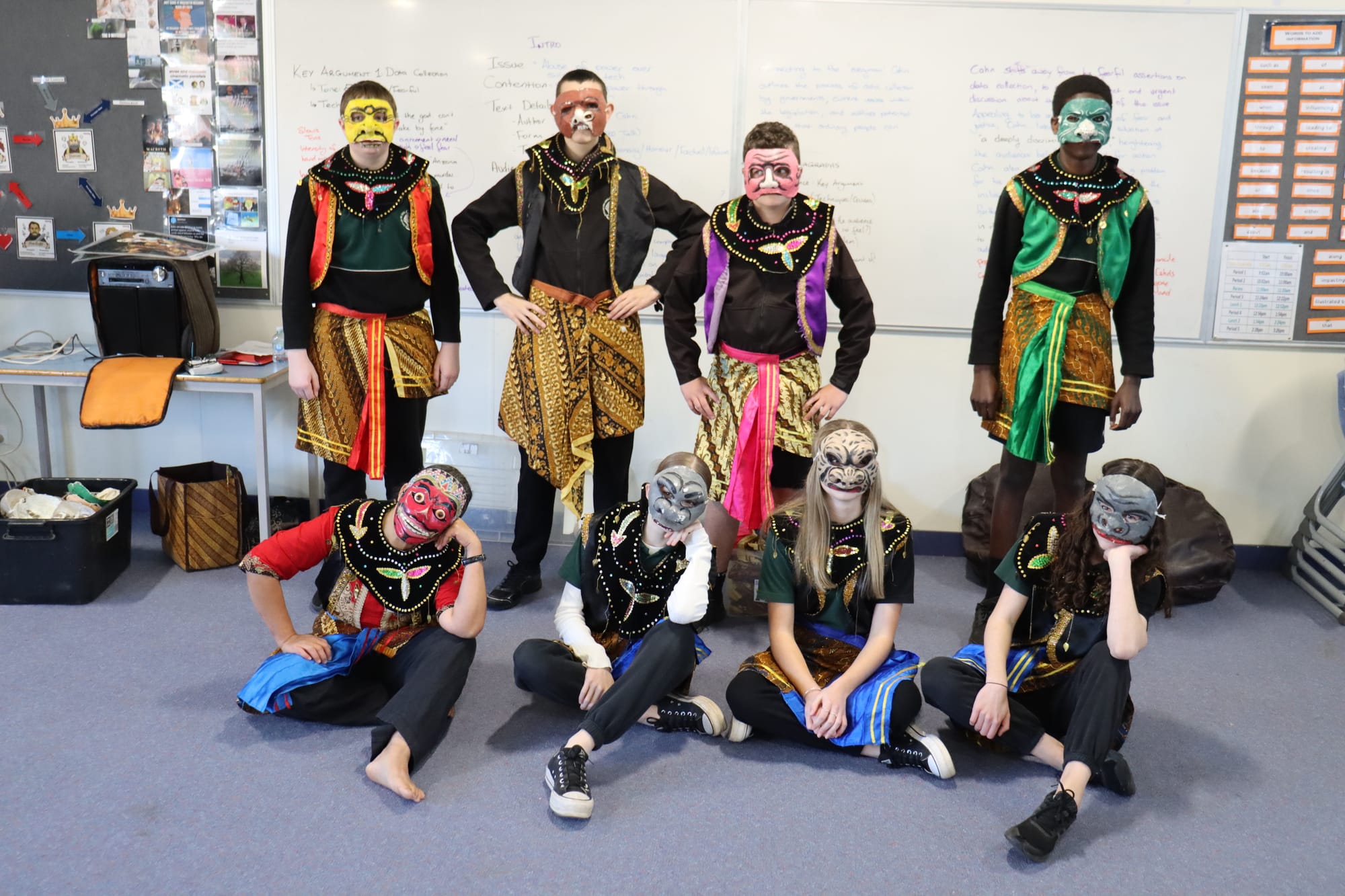 Students participating in a traditional Indonesian dance with full costumeBack (left to right) Rohan Sandford, Owen Landmeter, Lincoln Murphy and Josh IjiyeraFront (left to right) Instructor from Bagus Kan, Mia Rowley, Lillian Green and Ruby Bryant