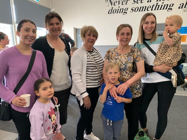 Castello and Carpinteri families gathered for grandparents day (from left) Laura and Lia Castello with and Nan Rosa Castello; Gina Carpinteri and Anna Di Sisto with Samuel in front and Rachel holding Mila Carpinteri.