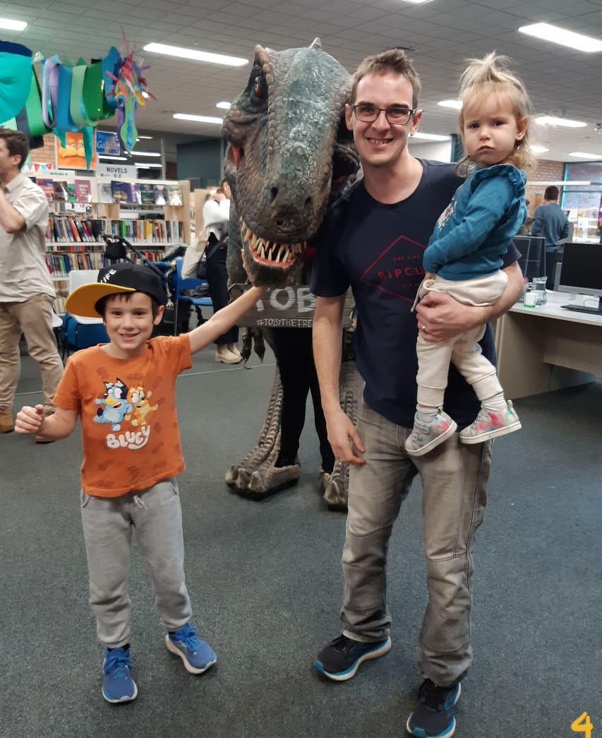 Excited to meet Toby T-Rex at the Warragul Library are Patrick (age six), Dean and Amelia (age two) Browning.