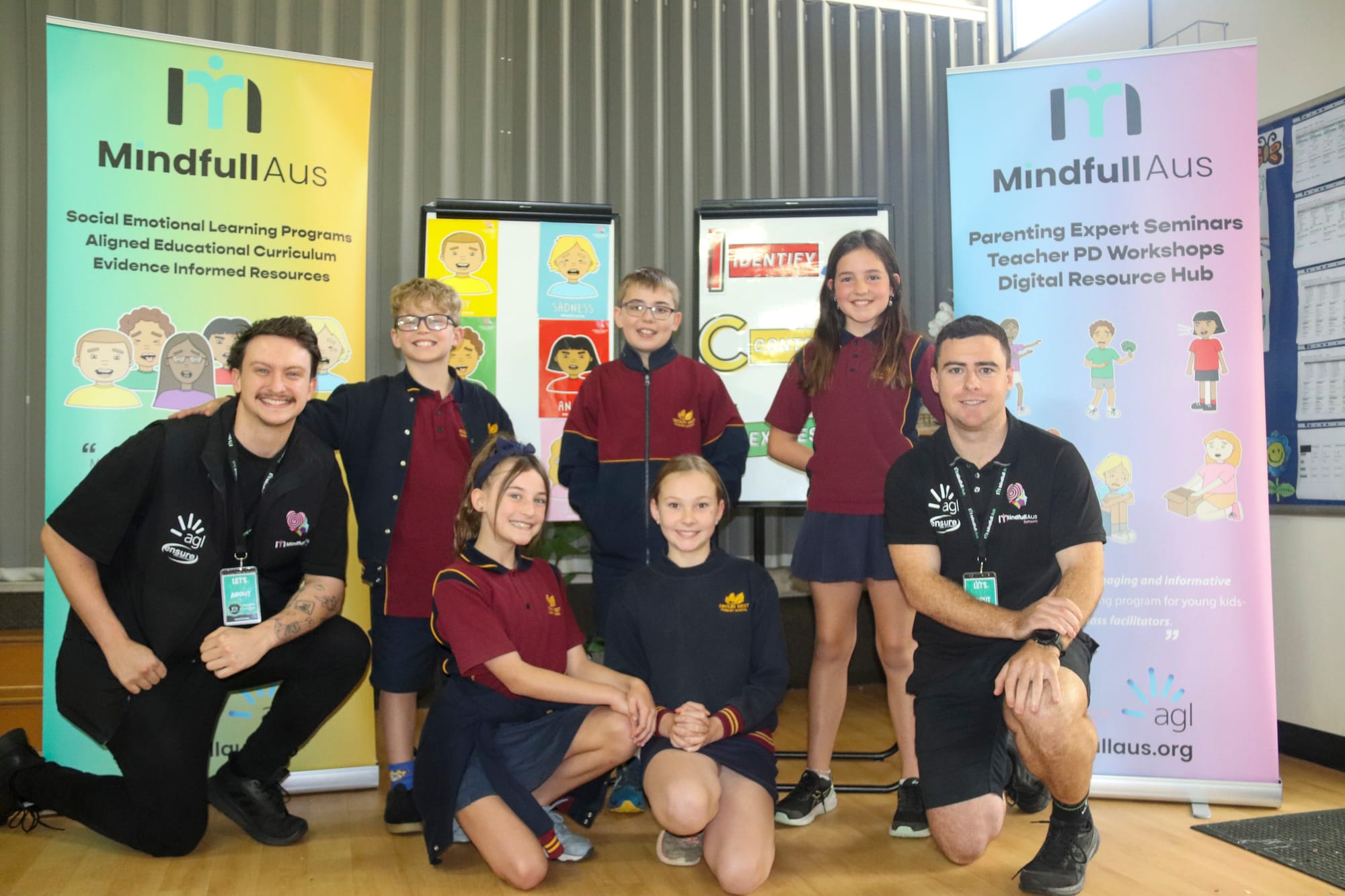 Drouin West Primary School students (back) Xander Oldham, Zac Taskis, Indiana Staddon, (front) Isla Bowmar and Kiara Carrott enjoyed learning about identifying and expressing emotions from Mindfull Aus presenters Liam (left) and Jack (right).