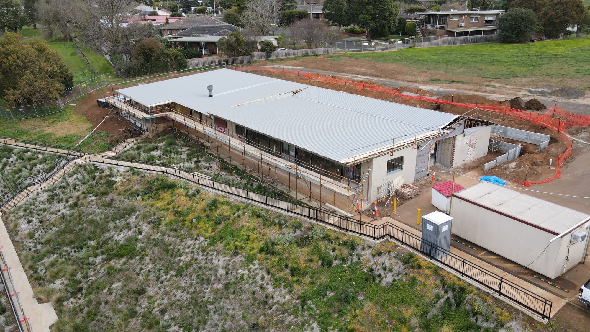 The frames and roof are completed as works progress on the $2.9 million soccer pavilion refurbishment at Baxter Park in Warragul.