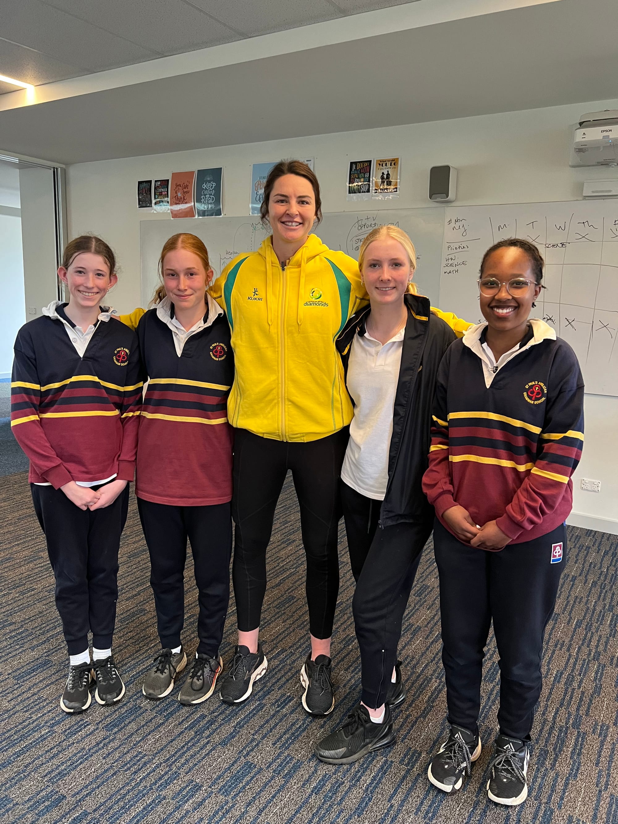 Pictured with Sharni Norder (nee Layton) are Annabella Denton, Claire Finger, Jade Smorenborg and Rebecca Kesendany.